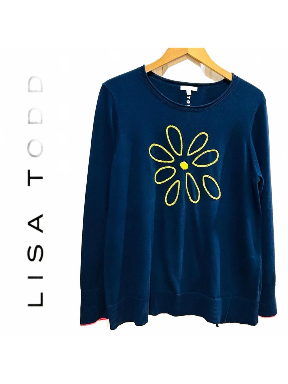 Lisa Todd Sweater Daisy Loves Me Not Embroidered Floral Navy Women's Size Medium